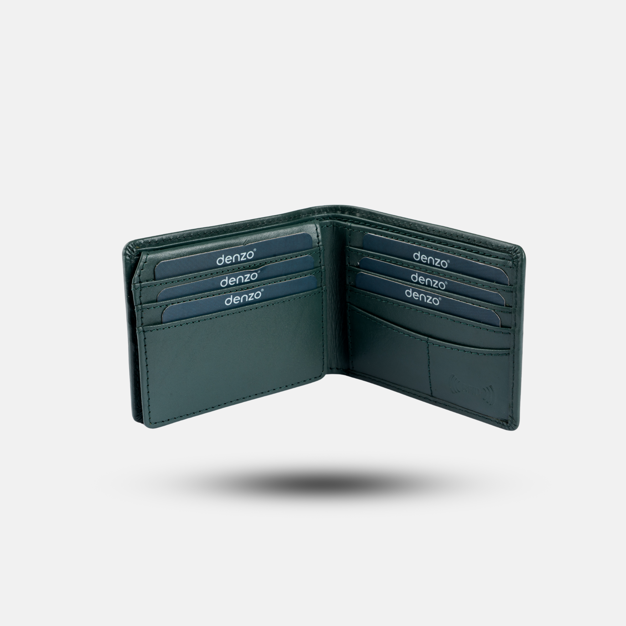 The Vintage Legacy Wallet by Denzo Fashion boasts expert craftsmanship with an open green leather design, multiple credit card slots, and the Denzo label on each card, all set against a plain light gray background.