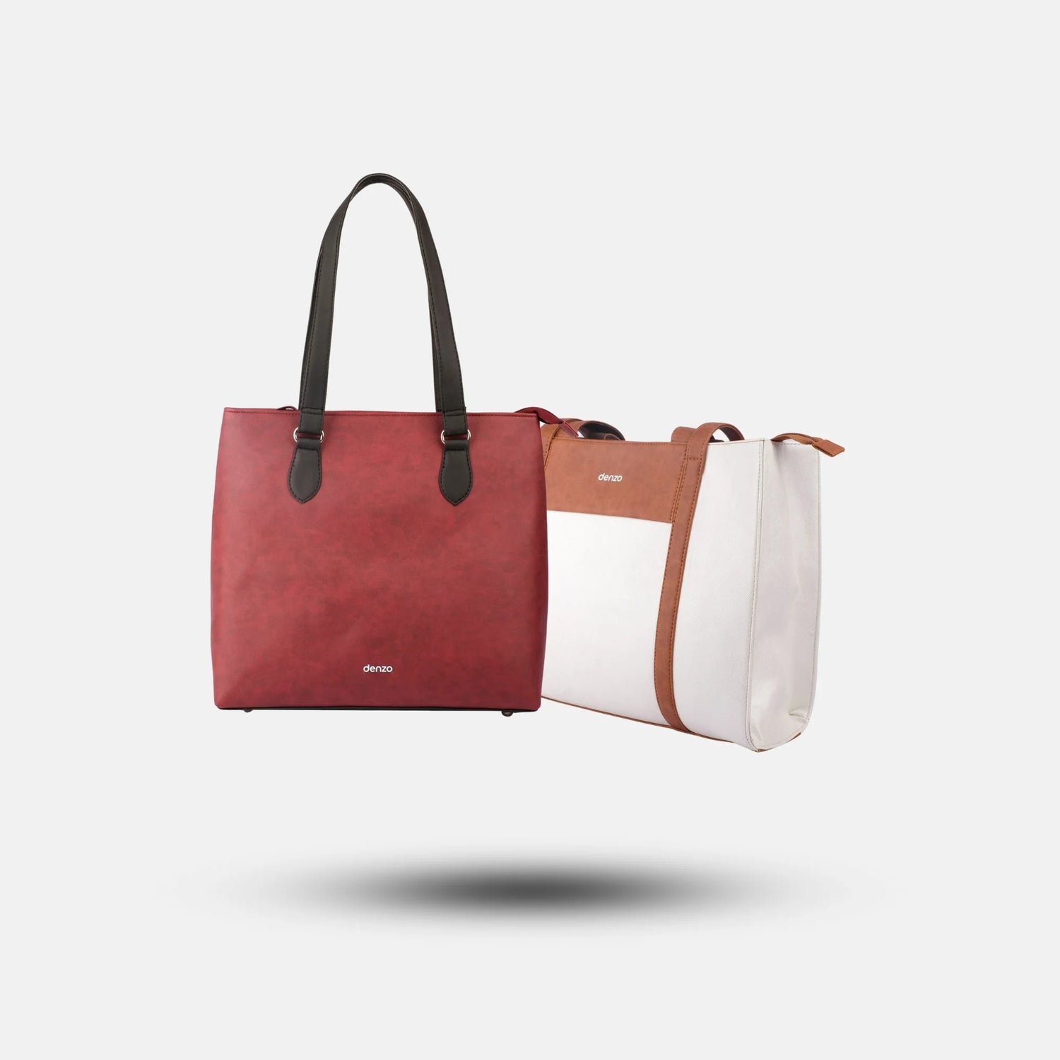 Two tote bags for women, one red with black handles and one white with brown accents, are elegantly displayed on a plain background.