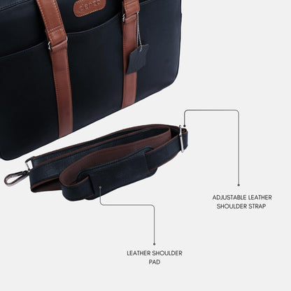 Commander Leather Laptop Bag in Navy Blue and Tan