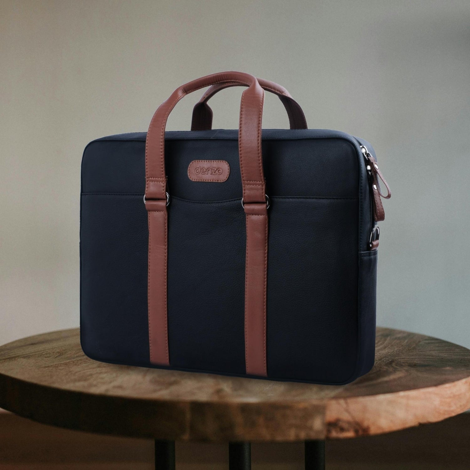 Commander Leather Laptop Bag in Navy Blue and Tan