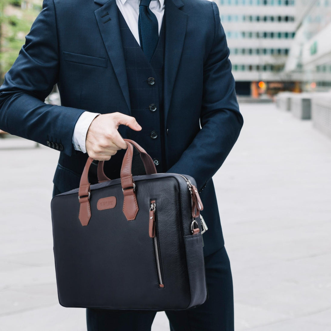 NexusBlend Navy Blue Tan Laptop Bag - Sleek and Functional