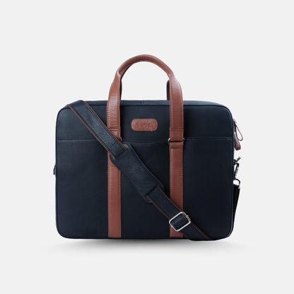 Commander Leather Laptop Bag in Navy Blue and Tan