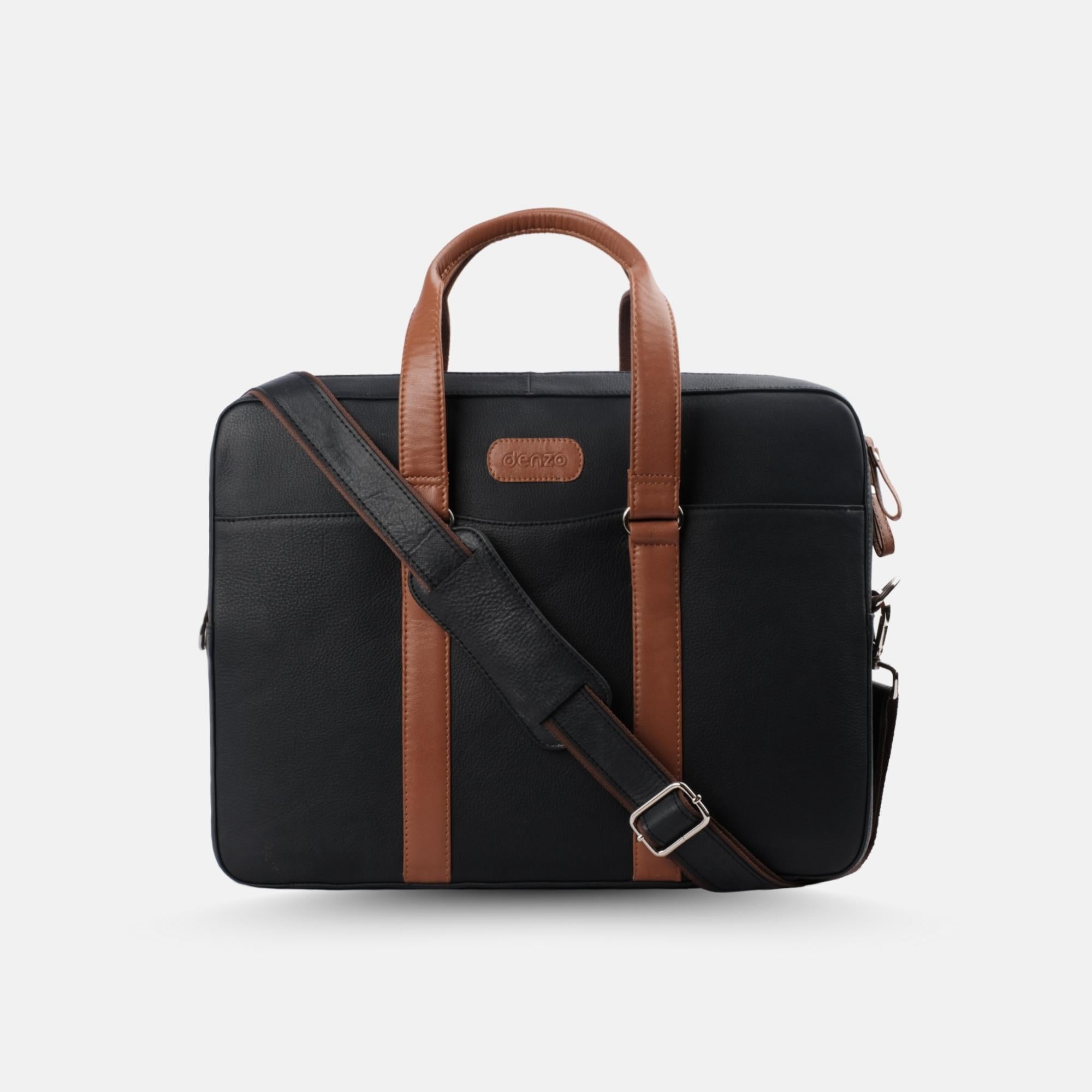 Commander Leather Laptop Bag in Black and Tan