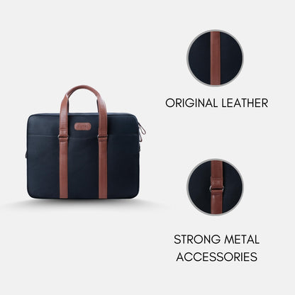 Commander Leather Laptop Bag in Navy Blue and Tan