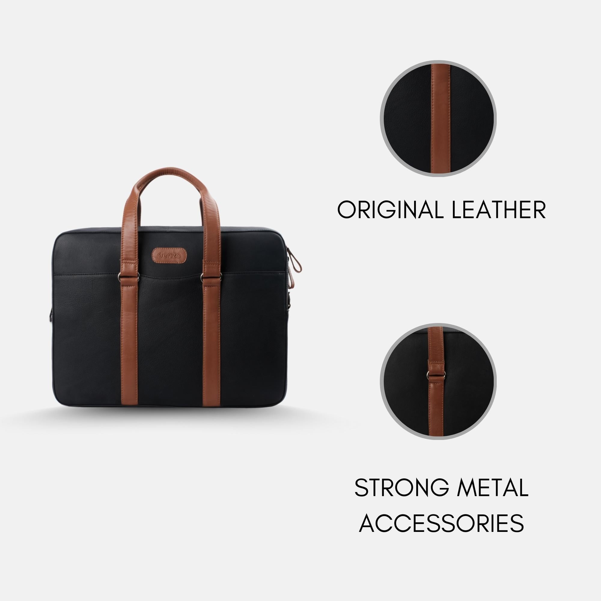 Commander Leather Laptop Bag in Black and Tan