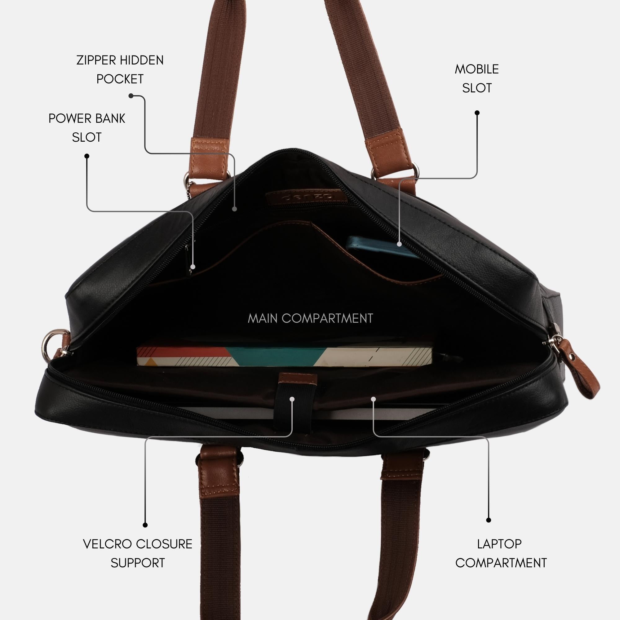 Commander Leather Laptop Bag in Black and Tan